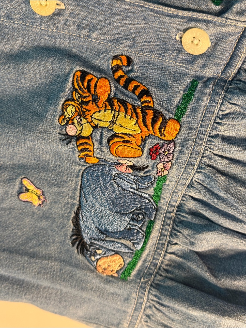 Disney | 90s Vintage Winnie the Pooh Embroidered Denim Maxi Dress Pockets Kid - Picture 6 of 11